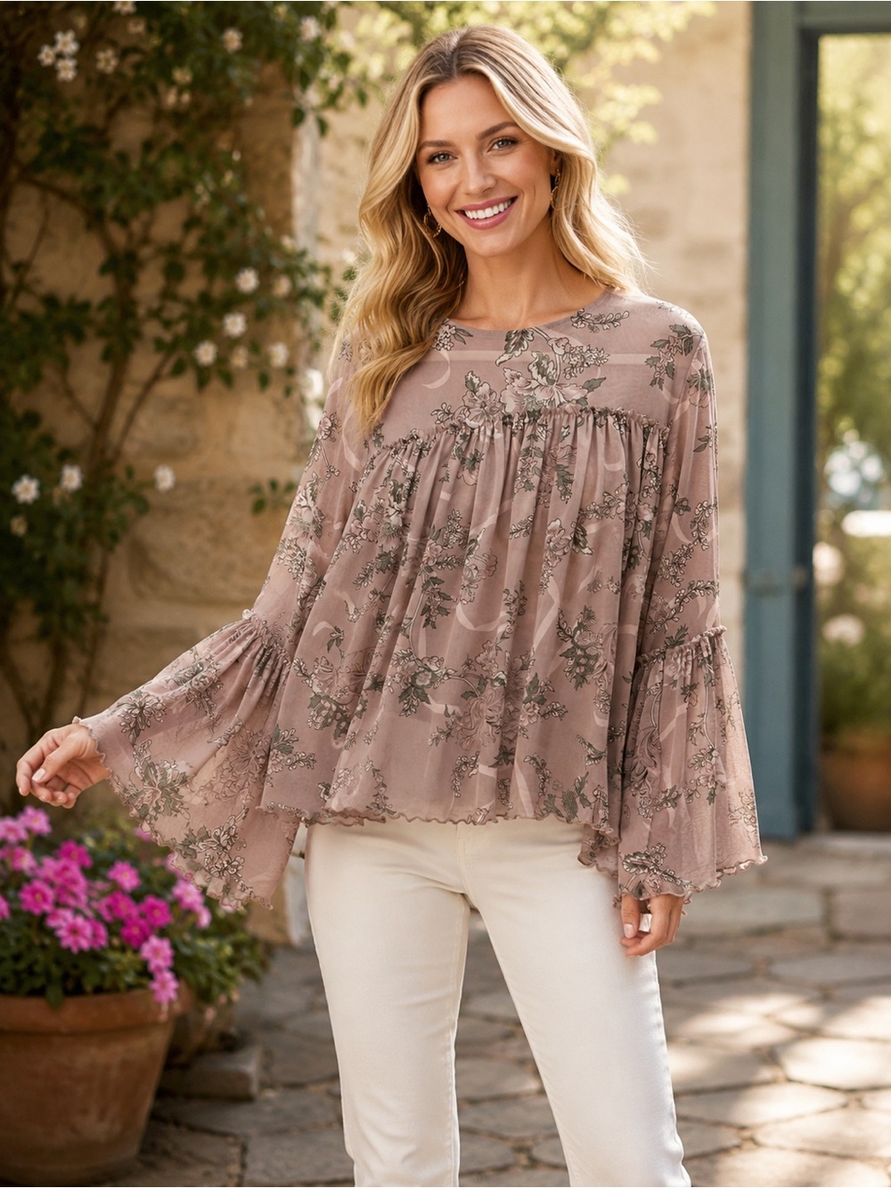 torrid Mauve Floral Bell-Sleeve Blouse